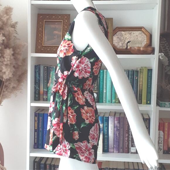 AS U WISH Romper Large Black Orange Pink Floral Tropical Ruffled V-Neck Flirty - Picture 4 of 10
